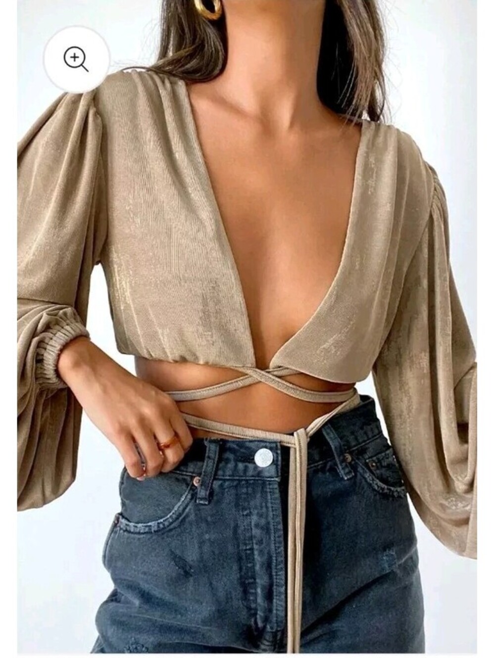 Et Clet Small Gold Shimmer Wrap Tie Crop Top Shirt